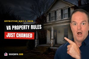 Older home with peeling paint and a missing porch handrail, VA property rules changed effective May 1 2026
