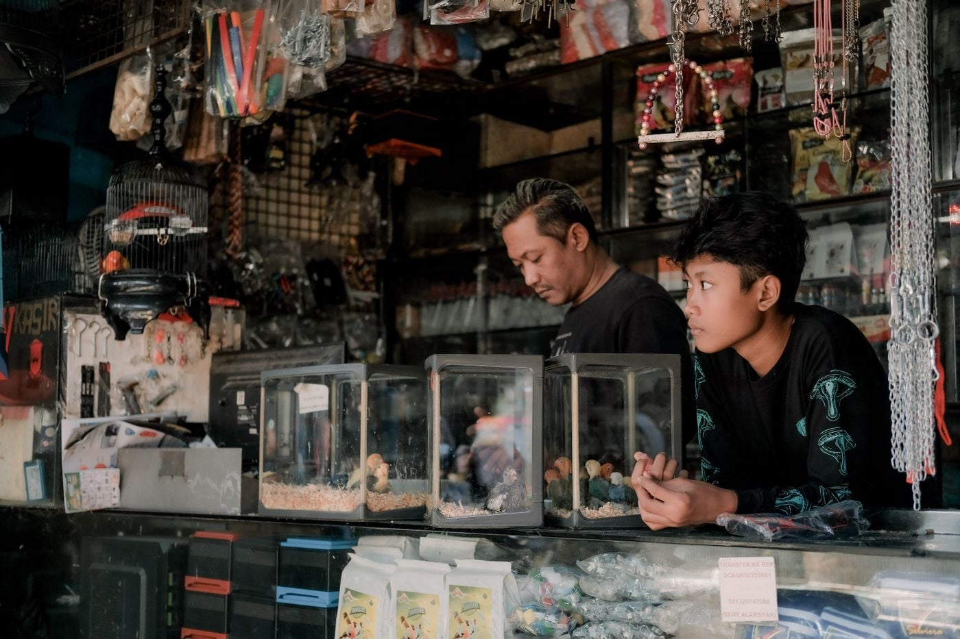 Father and son engaged in a pet store surrounded by bird cages and supplies, sharing a quiet moment.