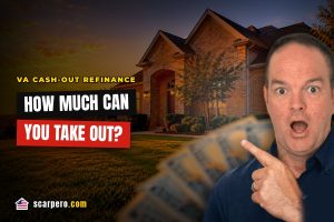 Brick suburban home at golden hour with cash in the foreground, VA cash-out refinance